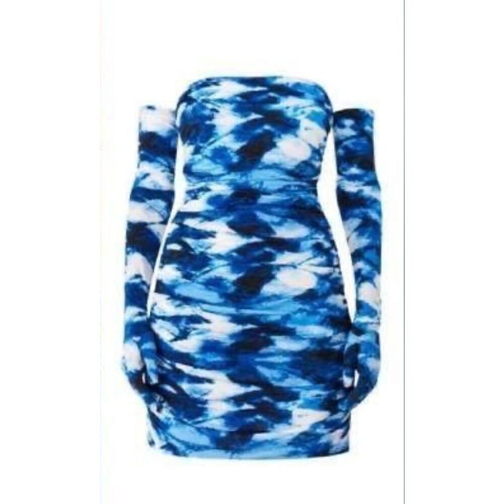 Miscreants US 10 UK14 Ruched Cupid Mini Dress And Gloves Blue Marble Swirl Party